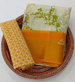 Yellow Flower Printed Cotton Silk Zari Border Saree With Blouse Piece