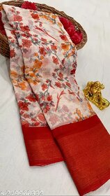 Red Colour Flower Cotton Silk Saree With Blouse Piece