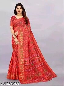 Red Colour Cotton Printed Saree With Blouse Piece