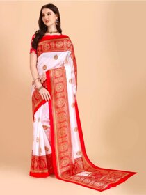 White And Red Colour  Art Silk Printed Saree