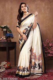 White Colour Khadi Silk Saree With Blouse Piece