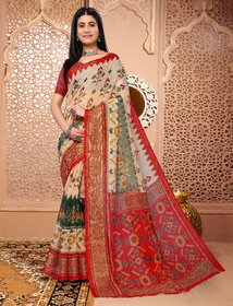 Off White And Pink Colour Printed Ikkat Printed Saree