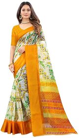 Yellow Flower Printed Cotton Silk Zari Border Saree With Blouse Piece