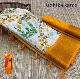 Yellow Colour Flower Cotton Silk Saree With Blouse Piece