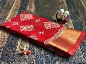Red Colour Flower Cotton Silk Saree With Blouse Piece