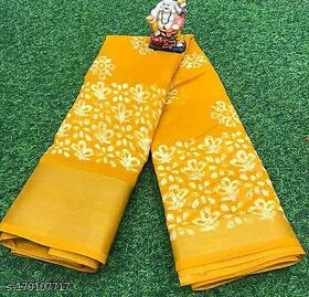 Yellow Colour Cotton Printed saree With Blouse Piece