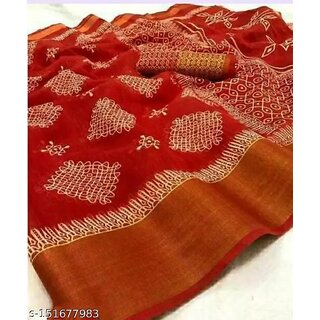 Red Colour Flower Cotton Silk Saree With Blouse Piece