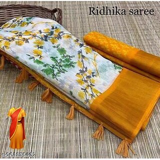 Yellow Colour Flower Cotton Silk Saree With Blouse Piece