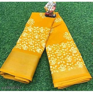 Yellow Colour Cotton Printed saree With Blouse Piece