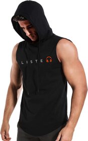 HIT SQUARE Polyster Gym/Sports Hood Cotton Blend Tshirt For Men (Listen)