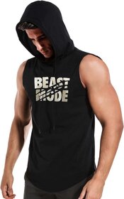 HIT SQUARE Mens Sleeveless Hoodie T-Shirt - Cotton-Blend Polyester, Beast Mode On Print