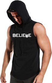 HIT SQUARE Polyster Gym/Sports Hood Cotton Blend Tshirt For Men (Believe)