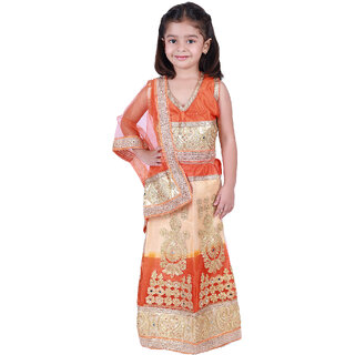 Kid Kupboard Cotton Girls Lehanga Choli and Dupatta Set, Orange, Sleeveless, 6-7 Years KIDS6424