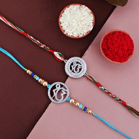 LUCKY JEWELLERY Gold Plated AD Stone Religious Ik Onkar Sikh Rakhi for Bhaiya & Bhabhi-Pack of 2