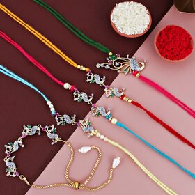 LUCKY JEWELLERY Gold Plated AD Stone Rakhi Lumba Bracelet for Bhaiya & Bhabhi - Pack of 5