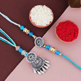 LUCKY JEWELLERY Oxidised Silver Rakhi Lumba Bracelet for Brother/Bhaiya/Bhai/Bhabhi - Pack of 2