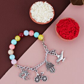 LUCKY JEWELLERY Oxidised Silver Charm Rakhi Lumba Bracelet Brother/Bhaiya/Bhai/Bhabhi- Pack of 1