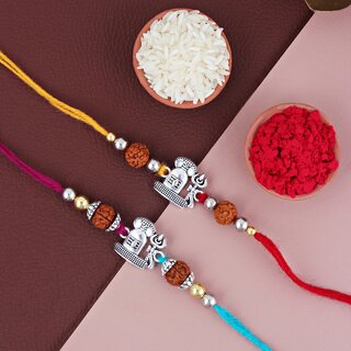 LUCKY JEWELLERY Oxidised Silver Religious Shiva Rakhi for Brother/Bhaiya/Bhai/Bhabhi - Pack of 2