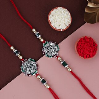 LUCKY JEWELLERY Oxidised Silver Meena Floral Rakhi for Brother/Bhaiya/Bhai/Bhabhi - Pack of 2