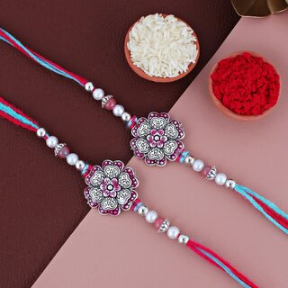 LUCKY JEWELLERY Oxidised Silver Meena Floral Rakhi for Brother/Bhaiya/Bhai/Bhabhi - Pack of 2