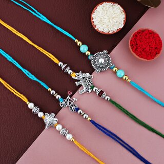 LUCKY JEWELLERY Oxidised Silver Rakhi Combo Set for Brother/Bhaiya/Bhai/Bhabhi - Pack of 4