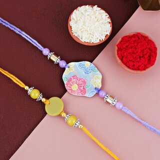 LUCKY JEWELLERY Plastic Floral Multi Color Rakhi for Brother/Bhaiya/Bhai/Bhabhi - Pack of 2