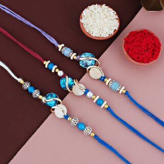 LUCKY JEWELLERY Gold Plated Blue Stone Rakhi Set for Brother/Bhaiya/Bhai/Bhabhi - Pack of 3