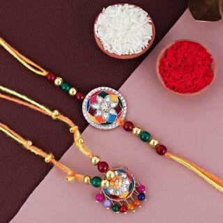 LUCKY JEWELLERY Gold Plated Meena Stone Rakhi with Lumba Bracelet for Bhaiya  Bhabhi- Pack of 2