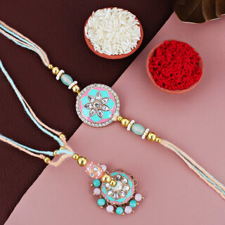 LUCKY JEWELLERY Gold Plated Meena Stone Rakhi with Lumba Bracelet for Bhaiya  Bhabhi- Pack of 2