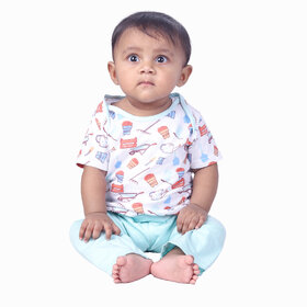 Kid Kupboard Cotton Baby Girls T-Shirt and Pant Set, White and Light Blue, Full-Sleeves, 9-12 Months KIDS6443