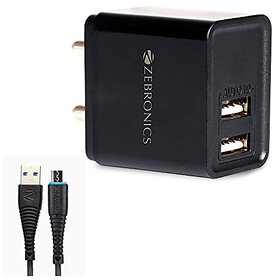 ZEBRONICS Zeb-MA5223 USB Charger Adapter with 1 Metre Micro USB Cable 2 USB Ports 2.4A Output for Mobile Phone/Tablets (Black)_442clone