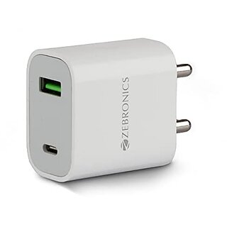 Zebronics ZEB-RC20B Type C + USB Charger with 20W / 18W PD3.0(PPS) Protocol DC 5V/9V/12V high Efficiency Wide Input Range Auto self Recovery Over Current and Short Circuit Protection(White)_436clone