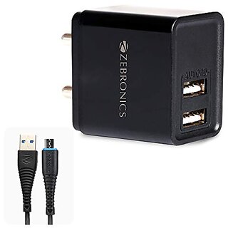 ZEBRONICS Zeb-MA5223 USB Charger Adapter with 1 Metre Micro USB Cable 2 USB Ports 2.4A Output for Mobile Phone/Tablets (Black)_442clone