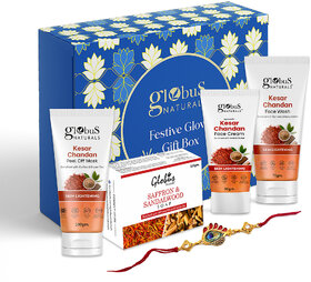 Globus Naturals Rakhi Glow Radiance Kesar Chandan Gift Box Set of 4-Face Wash 75 gm, Face Cream 50gm Peel Off Mask 100 gm & Soap 100gm