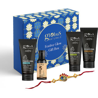Globus Naturals Charcoal Detox Rakhi Gift Box, Set Of 4 - Face Wash, Face Scrub, Peel off mask, Beard Oil For Brother
