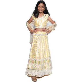 Kid Kupboard Cotton Girls Lehanga, Choli and Dupatta Set, Light Yellow, Sleeveless, 8-9 Years KIDS6476