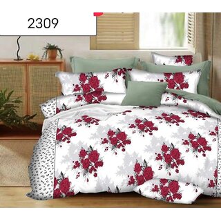 Indkus Nexa White Red Flowers printed Single bedsheet with 1 Pillow Covers (152 X 228 cm)