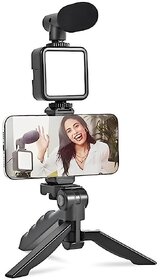 Digimate Foldable Mobile Vlogging Kit with Microphone Tripod Stand and LED Light Vlogging Mobile Tripod Kit (Black, Supports Up to 1500)