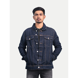 Men Solid Dark Blue Tailored Denim Jacket with Side Pockets