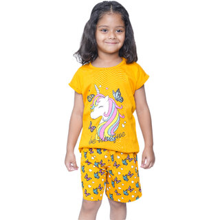 Kid Kupboard Cotton Girls T-Shirt and Short Set, Yellow, Half-Sleeves, 6-7 Years KIDS6548
