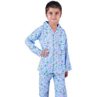 Kid Kupboard Cotton Girls Sleepsuit Set, Blue, Full-Sleeves, 6-7 Years KIDS6566