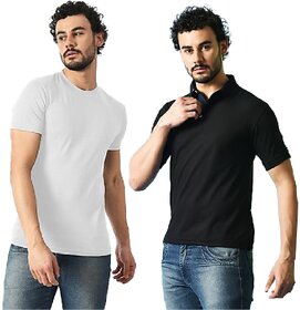 (Combo of 2) PrintCultr Mens Solid White Round Neck T-Shirt With Black Polo Collar T-Shirt For Men