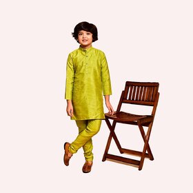 PrintCultr Boys Solid Pure Silk Kurta and Pyjama Set (Light Green)