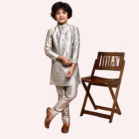 PrintCultr Boys Solid Pure Silk Kurta and Pyjama Set (Grey)