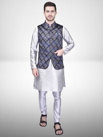 PrintCultr Men Silk Blend Blue Kurta Pyjama Ethnic Jacket Set
