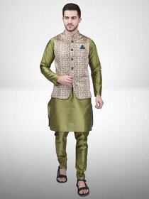 PrintCultr Men Silk Blend Green Kurta Pyjama Ethnic Jacket Set
