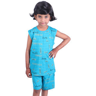 Kid Kupboard Cotton Girls T-Shirt and Short Set, Blue, Sleeveless, 6-7 Years KIDS6595