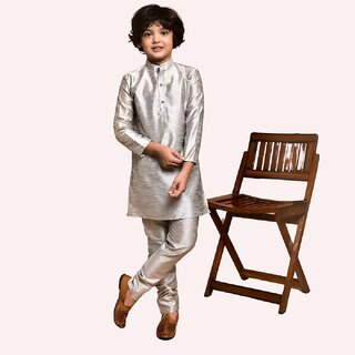 PrintCultr Boys Solid Pure Silk Kurta and Pyjama Set (Grey)