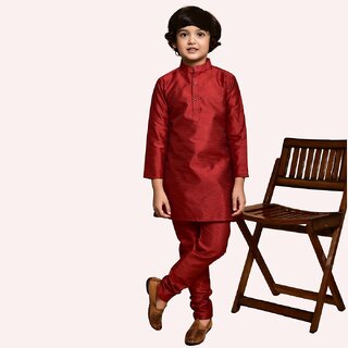 PrintCultr Boys Solid Pure Silk Kurta and Pyjama Set (Maroon)