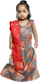 Kid Kupboard Cotton Baby Girls Ghagra, Choli and Dupatta Set, Grey, Sleeveless, 3-4 Years KIDS6622